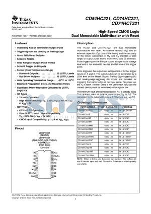 CD54HC221 datasheet - High-Speed CMOS Logic Dual Monostable Multivibrator with Reset