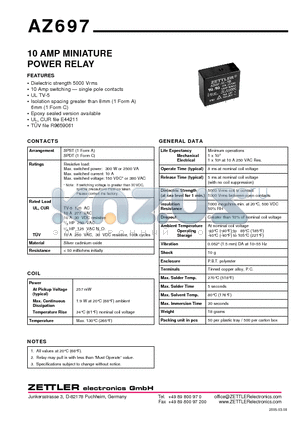 AZ697 datasheet - 10 AMP MINIATURE POWER RELAY