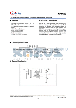 AP1186T518 datasheet - 1.5A Ultra Low Dropout Positive Adjustable or Fixed-mode Regulator