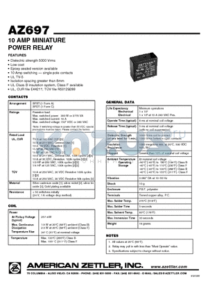 AZ697-1A-110D datasheet - 10 AMP MINIATURE POWER RELAY