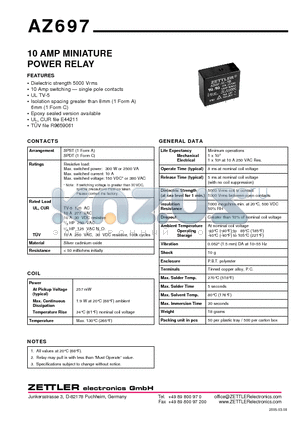AZ697-1A-12D datasheet - 10 AMP MINIATURE POWER RELAY