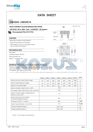 CM5002 datasheet - HIGH CURRENT SILICON BRIDGE RECTIFIER(VOLTAGE 50 to 1000 Volts CURRENT - 50 Ampere)