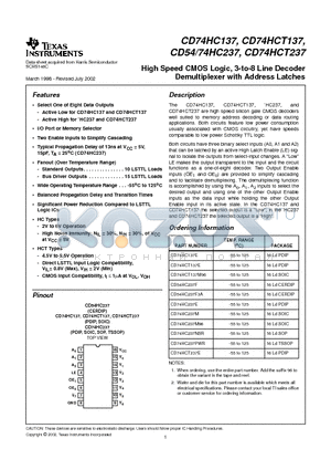 CD54HC237F datasheet - High Speed CMOS Logic, 3-to-8 Line Decoder Demultiplexer with Address Latches