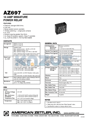 AZ697-1C-5D datasheet - 10 AMP MINIATURE POWER RELAY