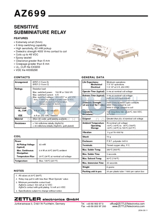 AZ699-1C-12DE datasheet - SENSITIVE SUBMINIATURE RELAY