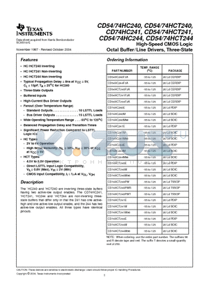 CD54HC240 datasheet - High-Speed CMOS Logic Octal Buffer/Line Drivers, Three-State