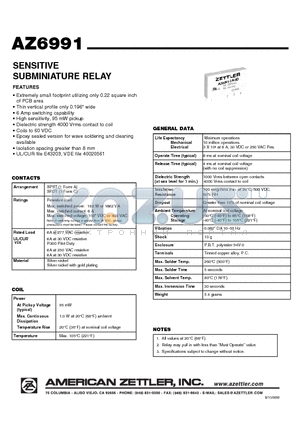 AZ6991-1A-12DE datasheet - SENSITIVE SUBMINIATURE RELAY