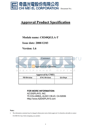 C0240QGLA-T datasheet - Approval Product Specification