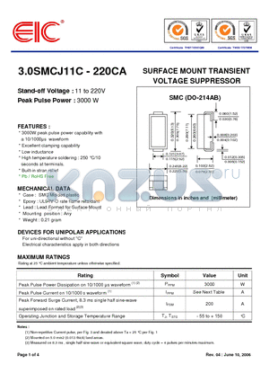 3.0SMCJ12CA datasheet - SURFACE MOUNT TRANSIENT VOLTAGE SUPPRESSOR