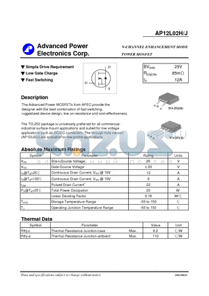 AP12L02J datasheet - N-CHANNEL ENHANCEMENT MODE POWER MOSFET