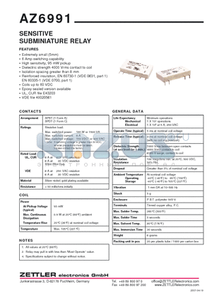 AZ6991-1C-24D datasheet - SENSITIVE SUBMINIATURE RELAY