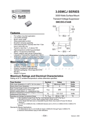 3.0SMCJ130 datasheet - 3000 Watts Surface Mount Transient Voltage Suppressor