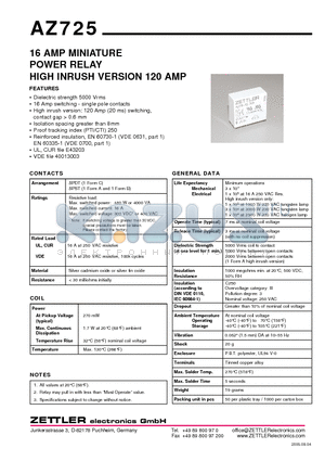 AZ725-1A-110D datasheet - 16 AMP MINIATURE POWER RELAY HIGH INRUSH VERSION 120 AMP