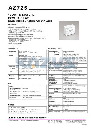 AZ725 datasheet - 16 AMP MINIATURE POWER RELAY HIGH INRUSH VERSION 120 AMP