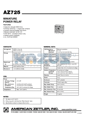 AZ725-1A-12D datasheet - MINIATURE POWER RELAY