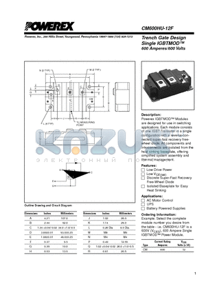 CM600HU-12F datasheet - Trench Gate Design Single IGBTMOD 600 Amperes/600 Volts