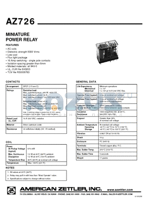 AZ726-1C-24A datasheet - MINIATURE POWER RELAY