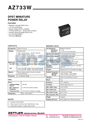 AZ733W-2A-110D datasheet - DPST MINIATURE POWER RELAY