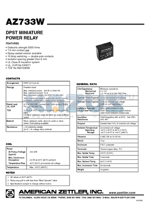 AZ733W-2A-12DE datasheet - DPST MINIATURE POWER RELAY