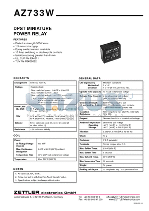 AZ733W-2A-60DE datasheet - DPST MINIATURE POWER RELAY