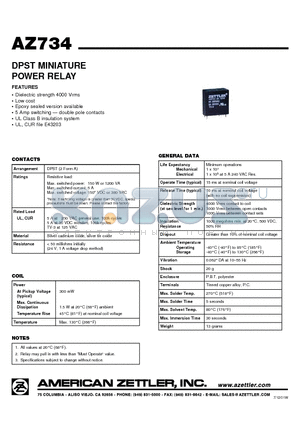 AZ734-2A-18D datasheet - DPST MINIATURE POWER RELAY