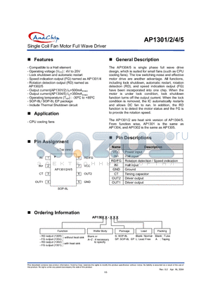 AP1301-S datasheet - Single Coil Fan Motor Full Wave Driver