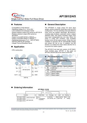 AP1301-SPA datasheet - Single Coil Fan Motor Full Wave Driver