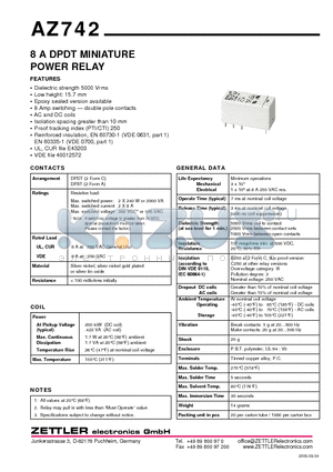 AZ742-2A-230A datasheet - 8 A DPDT MINIATURE POWER RELAY