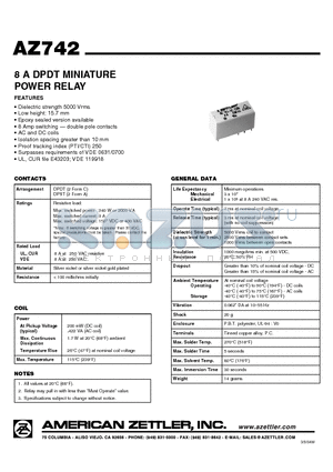 AZ742-2A-60D datasheet - 8 A DPDT MINIATURE POWER RELAY