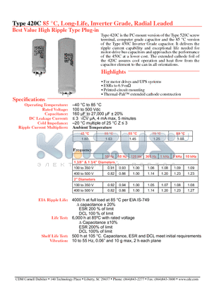 420C122M350AJ8 datasheet - Long-Life, Inverter Grade, Radial Leaded Best Value High Ripple Type Plug-in