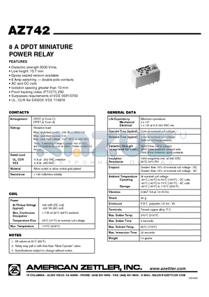 AZ742-2C-115A datasheet - 8 A DPDT MINIATURE POWER RELAY