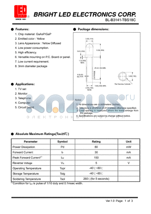 BL-B3141-TBS18C datasheet - Chip material:GAASP/GAP