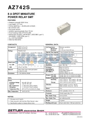 AZ742S-2A-110D datasheet - 8 A DPDT MINIATURE POWER RELAY SMT
