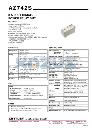 AZ742S-2A-36D datasheet - 8 A DPDT MINIATURE POWER RELAY SMT