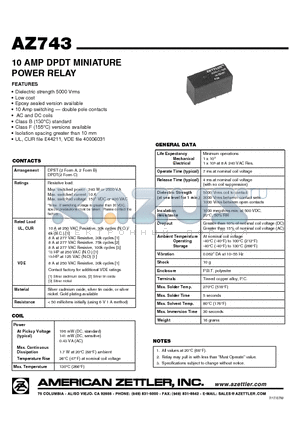 AZ743 datasheet - 10 AMP DPDT MINIATURE POWER RELAY