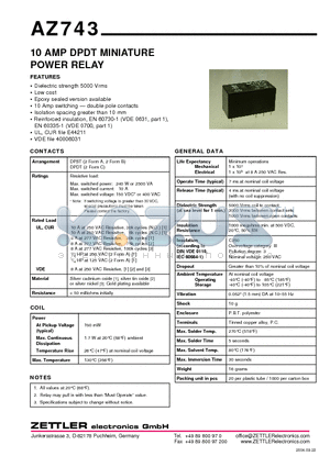 AZ743 datasheet - 10 AMP DPDT MINIATURE POWER RELAY