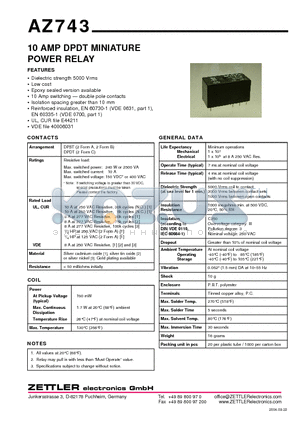 AZ743-2A-12D datasheet - 10 AMP DPDT MINIATURE POWER RELAY