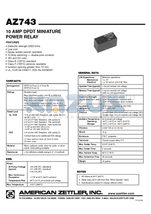 AZ743-2C-5D datasheet - 10 AMP DPDT MINIATURE POWER RELAY