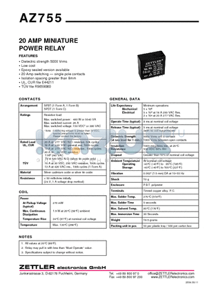 AZ755-1A-110D datasheet - 20 AMP MINIATURE POWER RELAY