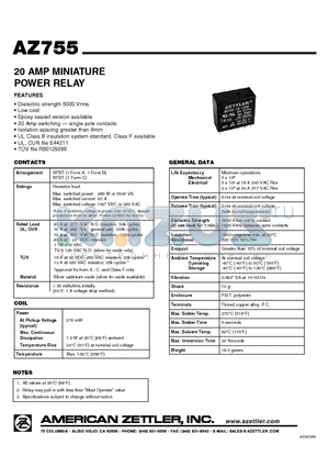 AZ755-1A-12D datasheet - 20 AMP MINIATURE POWER RELAY