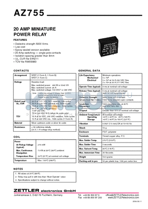 AZ755-1A-18D datasheet - 20 AMP MINIATURE POWER RELAY