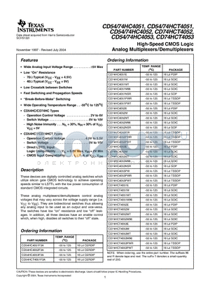 CD54HC4053F3A datasheet - High-Speed CMOS Logic Analog Multiplexers/Demultiplexers