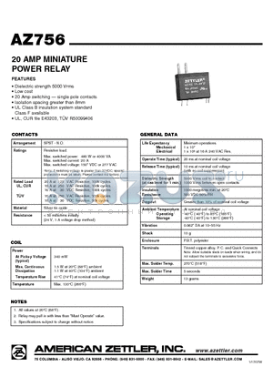 AZ756-1A-48D datasheet - 20 AMP MINIATURE POWER RELAY