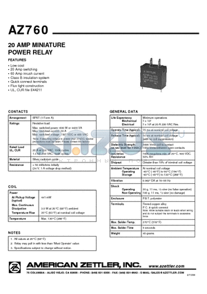 AZ760 datasheet - 20 AMP MINIATURE POWER RELAY