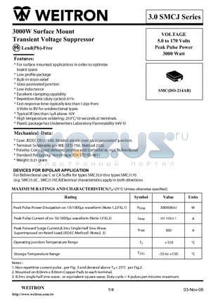 3.0SMCJ22CA datasheet - 3000W Surface Mount Transient Voltage Suppressor