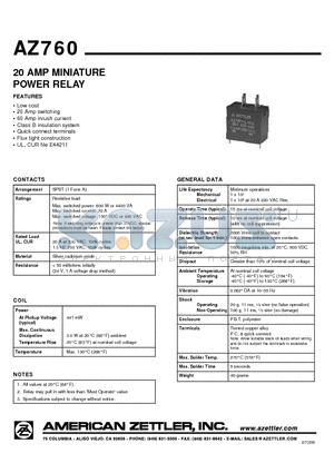 AZ760-1A-48D datasheet - 20 AMP MINIATURE POWER RELAY