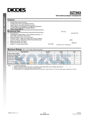 DZT953 datasheet - PNP SURFACE MOUNT TRANSISTOR