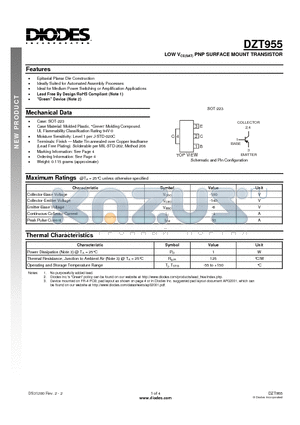 DZT955 datasheet - LOW VCE(SAT) PNP SURFACE MOUNT TRANSISTOR
