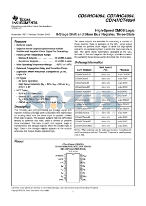 CD54HC4094F3A datasheet - High-Speed CMOS Logic 8-Stage Shift and Store Bus Register, Three-State