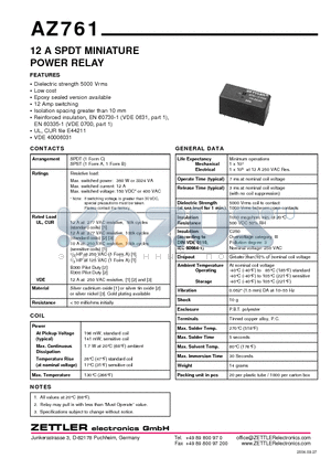 AZ761-1A-18D datasheet - 12 A SPDT MINIATURE POWER RELAY